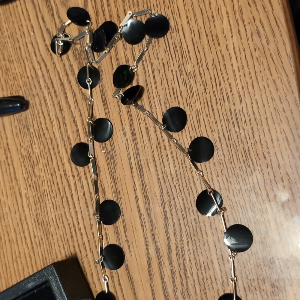 Gold necklace with Black Plastic Circle Pendants